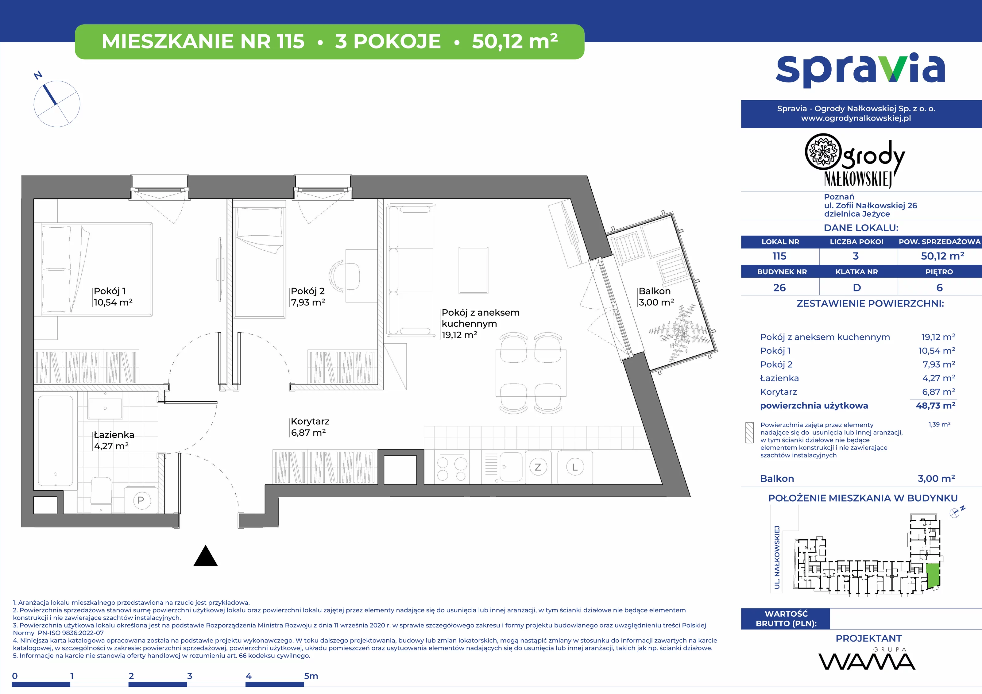 3 pokoje, mieszkanie 50,12 m², piętro 6, oferta nr 26-115, Ogrody Nałkowskiej, Poznań, Ogrody, ul. Nałkowskiej 24, 26